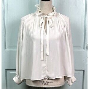 Eri + Ali Ivory Chiffon Tie-Front Blouse Pleated Ruffled Collar Sz XSP Librarian